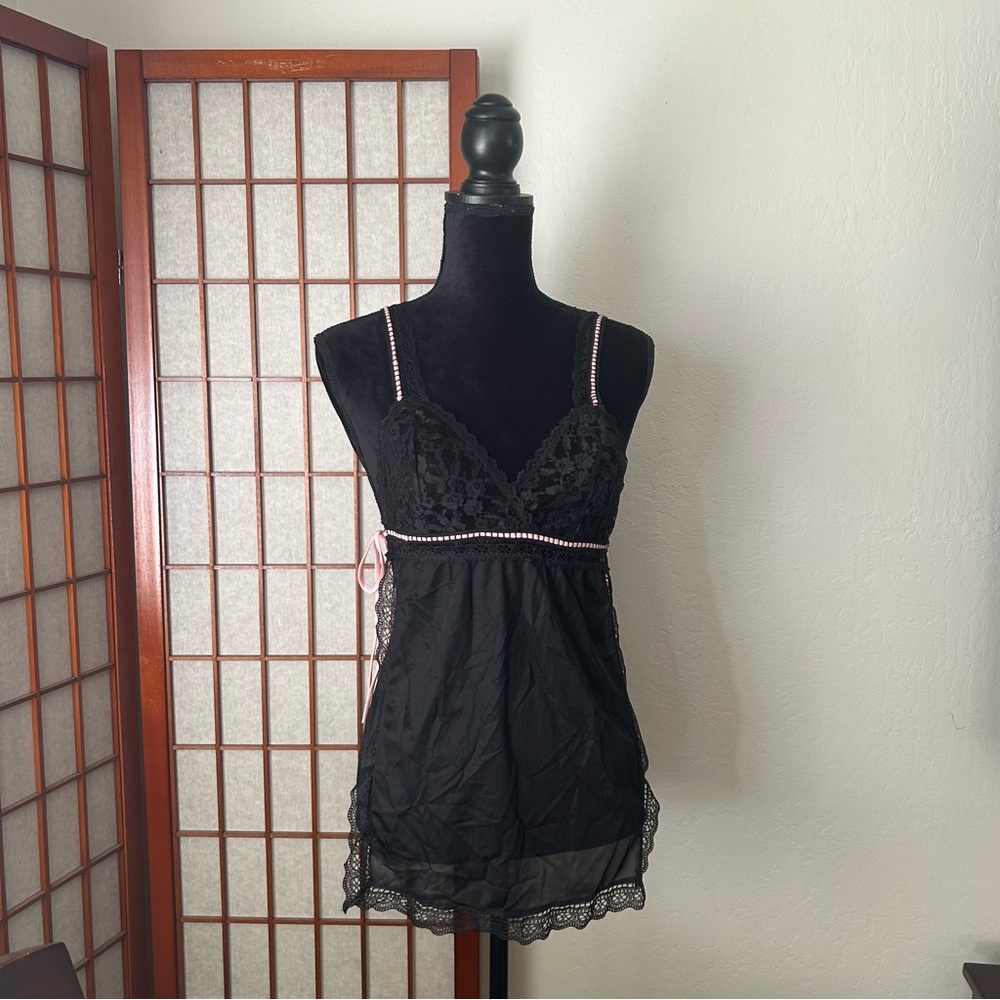 90s Vintage Black & Pink Sheer Apron Babydoll Nightie